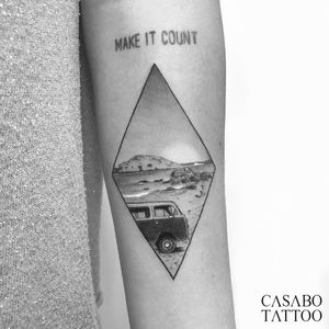 Tattoo by Ivan Casabo #IvanCasabo #blackandgreytattoos #blackandgrey #landscape #VW #volkswagen #travel #beach #ocean #sun