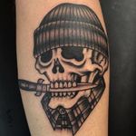 Tattoo by Ross K Jones #RossKJones #blackandgreytattoos #blackandgrey #traditional #oldschool #skull #death #switchblade #knife #vato #chicano