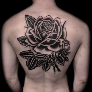 Tattoo by Austin Maples #AustinMaples #blackandgreytattoos #blackandgrey #traditional #rose #flower #floral #leaves #plant #nature #thorns