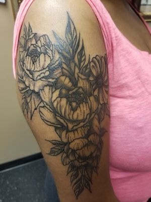 Session two on this floral sleeve in its infancy more to come. I'm really hoping to cap it off with a dotwork mendalla.  #clevelandtattooartist #bodyrevolution #peonytattoo #flowertattoo #girltattoos 