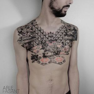 Tattoo by Arie Fasant #ArieFasant #perfectlyplacedtattoos #placement #blackandgrey #sacredgeometry #opticalillusion #sculpture #detailed #biomechanical