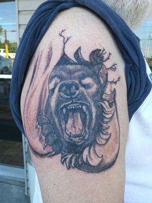 Testicular cancer tattoo bear ripping out of testicles