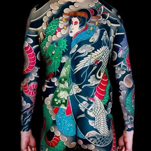 Tattoo by Luca Ortis #LucaOrtis #dragontattoos #dragon #mythicalcreature #legend #folklore #Japanese #Irezumi #geisha #clouds #cranes #birds #smoke