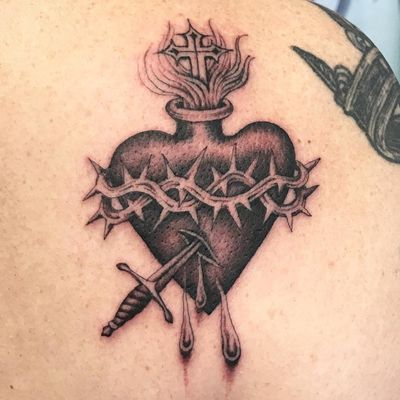 Tattoo by Sarah Schor #SarahSchor #blackandgrey #oldschool #sacredheart #heart #love #fire #cross #crownofthorns #blood #sword