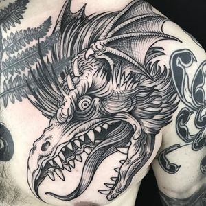 Tattoo by Maud Dardeau #MaudDardeau #dragontattoos #dragon #mythicalcreature #legend #folklore #blackwork #etching #linework #illustrative