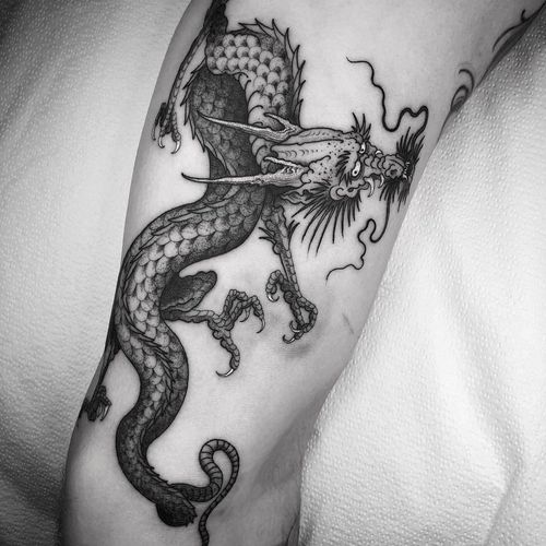 Tattoo by Nathan Kostechko #NathanKostechko #dragontattoos #dragon #mythicalcreature #legend #folklore #blackandgrey #Japanese #illustrative #blackandgrey