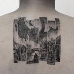 Tattoo by Adi Ariesta #AdiAriesta #dragontattoos #dragon #mythicalcreature #legend #folklore #blackandgrey #detailed #LordoftheRings #tolkien #smaug #cityscape #warrior