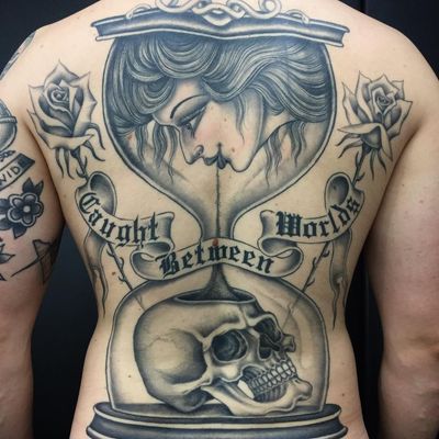 Tattoo by Sarah Schor #SarahSchor #blackandgrey #oldschool #rose #flowers #floral #skull #banner #oldenglish #ladyhead #death #hourglass