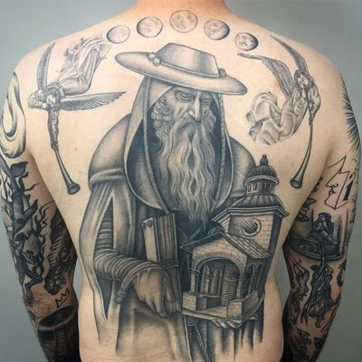 Tattoo by Sarah Schor #SarahSchor #blackandgrey #oldschool #mooncycle #angels #horns #church #architecture #oldman #book #renaissance #byzantine #medieval