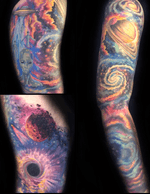 Outer space galaxy sleeve with aliens, black hole, nebula, comet, meteor, and Saturn 