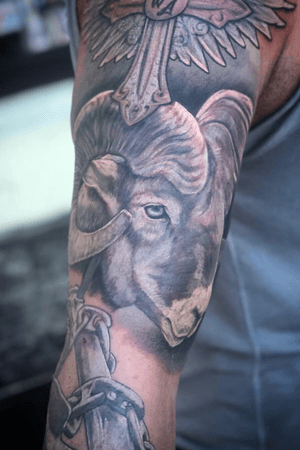 Worked on this sleeve for Ronald. Original cross not by me but reworking it, anchor goes next time also done by me. #ram #wildlife #tattoo #tatuaje #tatuagem #realistictattoo #amsterdamtattoo #rotterdamtattoo #realism #wallsandskin #ramtattoo #foodporn