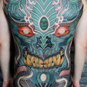 Tattoo by Shi Ryu #ShiRyu #shiryutattoo #besttattoos #best #backpiece #backtattoo #Japanese #color #demon #skull #death #snake #reptile #smoke