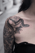 Snake Tattoo by Jen Tonic #snake #rose #shoulder #flower #floral #blackwork #blackandgrey #black #arm