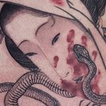 Tattoo by Haku Tattoo #HakuTattoo #Haku #besttattoos #best #illustrative #blood #geisha #snake #reptile #detail #portrait #animal #nature