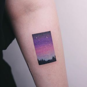 Tattoo by Saegeem #Saegeem #besttattoos #best #color #watercolor #sky #stars #moon #forest #trees #landscape #night