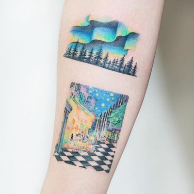 Tattoo by Tattooist Ida #TattooistIda #besttattoos #best #auroraborealis #trees #landscape #nature #VanGogh #night #cafe #cityscene #stars