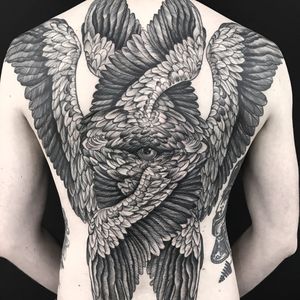 Tattoo by Maud Dardeau #MaudDardeau #besttattoos #best #backpiece #backtattoo #illustrative #blackwork #engraving #etching #wings #feathers #fineart #eye