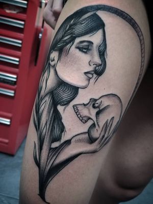 Black and grey lady and skull tattoo