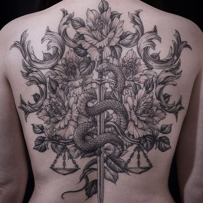 Tattoo by Tattooer Intat #TattooerIntat #besttattoos #best #illustrative #linework #etching #engraving #flowers #floral #peony #snake #reptile #knife #sword