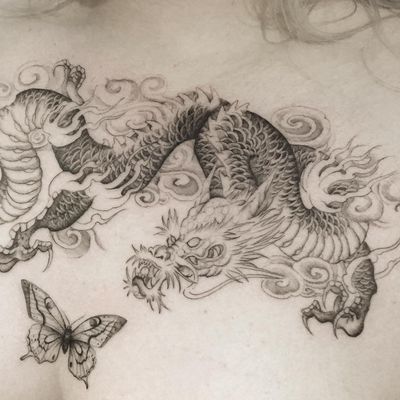 Tattoo by the.hanged #thehanged #besttattoos #Best #linework #illustrative #details #dragon #fire #cloud #Japanese #butterfly