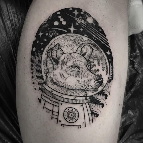Tattoo by Suflanda #Suflanda #cutetattoos #cute #illustrative #linework #dog #space #astronaut #fern #leaves #stars #galaxy #planets #spaceship