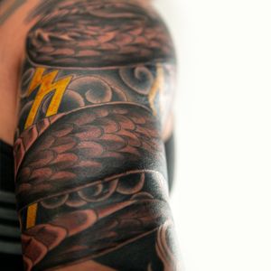 Freehand dragon sleeve. Black and grey with a yellow color pop.