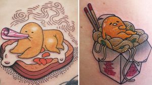 Tattoo on the left by Rion and tattoo on the right by Nicole Draeger #Rion #NicoleDraeger #gudetamatattoos #gudetama #sanrio #egg #sad #lazy #foodtattoo