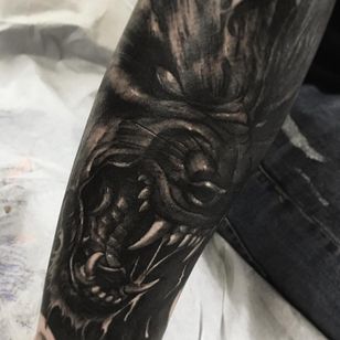 Tattoo by Fibs #Fibs #ElFibs #illustrative #darkart #black gray #wolf #capture #demon