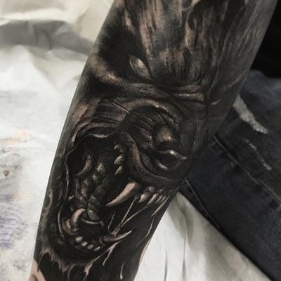 Tattoo by Fibs #Fibs #ElFibs #illustrative #darkart #blackandgrey #wolf #fangs #demon