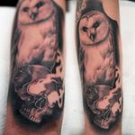 Black and grey realism tattoo I created for the client to express his love for owls.