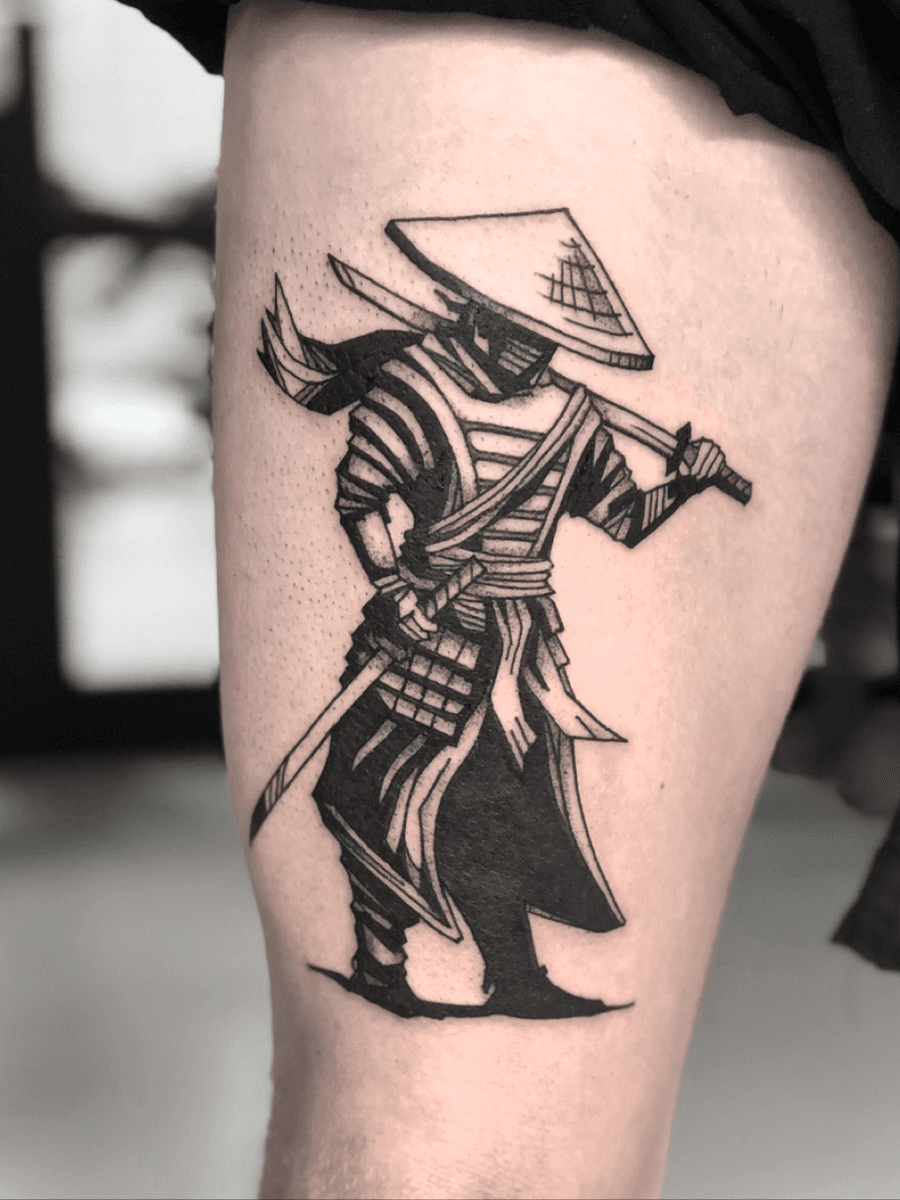 Ronin, samurai on upper leg By Jim Burgman Done at Brandstapel Tattoo Oct 1...