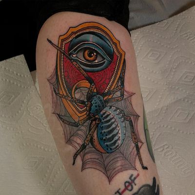 Tattoo by Jody Dawber #JodyDawber #eyetattoos #eyetattoo #eye #anatomy #planchette #ouija #spider #insect #animal #spiderweb #pearls #neotraditional #color