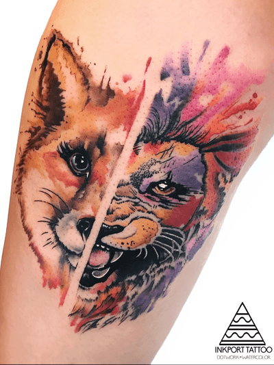 Watercolor fox lion art by inkport tattoo - @inkporttattoo #Москва #moscowtattoo #lion #fox #москватату #tattooartist #акварельтату #moscow #watercolor #russia #usa #tattoomoscow #tattoo #россия #татуировка #watercolortattoo inkporttattoo #inkporttattoo #msk #татумастер #dotworktattoo #тату #watercolortattoos #abstract #abstracttattoo #europe moscow watercolortattoo USA Europe