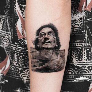 Tattoo by Dimgray Ink #DimgrayInk #SalvadorDalitattoos #Dalitattoos #Dali #salvadordali #surrealism #surreal #painter #fineart #blackandgrey #portrait #flowers #water #reflection