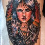 Tattoo by Guen Douglas #GuenDouglas #color #lady #portrait #punk #rockandroll #rose #lipstrick #lock #leather #leatherjacket #babe #badass #barbedwire #tattoodomission #tattoodovision #tattoodo #tattoodoapp