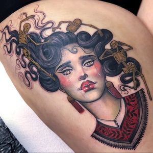Tattoo by Hannah Flowers #HannahFlowers #portrait #lady #ladyhead #skeleton #skulls #death #tears #painterly #Artnouveau #tattoodomission #tattoodovision #tattoodo #tattoodoapp