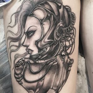 Tattoo by Miss Juliet #MissJuliet #blackandgrey #lady #ladyhead #portrait #space #cyborg #scifi #space #galaxy #tattoodomission #tattoodovision #tattoodo #tattoodoapp