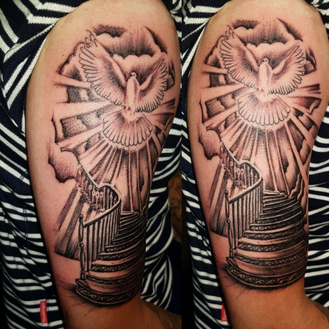 Stairs to heaven, scroll hands and dove custom tattoo