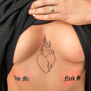 Tattoo by rat666tat #rat666tat #hearttattoos #heart #love #heartbreak #linework #illustrative #fire #text #oldenglish #loveme