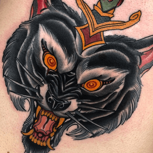 WOLF AND DAGGER #traditional #wolf #japanese #tattoodo