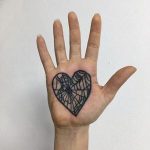 Tattoo by Berly Boy #BerlyBoy #hearttattoos #heart #love #heartbreak #spiderweb #palmtattoo #palm