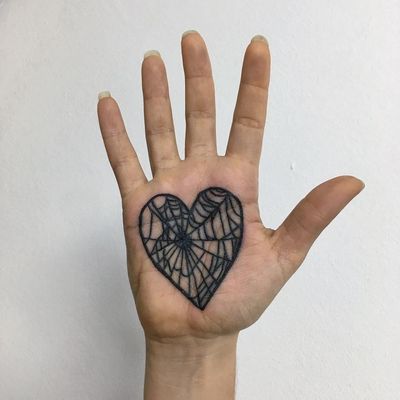 Tattoo by Berly Boy #BerlyBoy #hearttattoos #heart #love #heartbreak #spiderweb #palmtattoo #palm