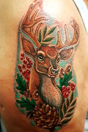 Deer tattoo #deertattoo #deer #stagtattoo #stag #colourtattoo #animal #animaltattoo #animals #pinecones #pinecone #pineconetattoo #acorns #acorn #acorntattoo 