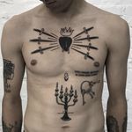 Tattoo by Andrei Ylita #AndreiYlita #ylitenzo #hearttattoos #heart #love #heartbreak #sacredheart #sword #candelabra #candle #light #keys #Money #fire #blood #blackwork