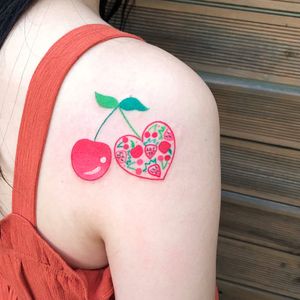 Tattoo by Si Si Love Love #SiSiLoveLove #hearttattoos #heart #love #heartbreak #color #cherry #strawberry #illustrative #newschool #fruit #foot