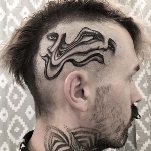 Tattoo by AdamVuNoir #AdamVuNoir #strange #surreal #different #unique #blackandgrey #portrait #warped #eyes #lips #ladyhead #scalptattoo #headtattoo