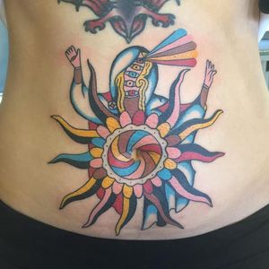 Tattoo by Manee Friday #ManeeFriday #strange #surreal #different #unique #virginmary #sun #thirdeye #light #saint