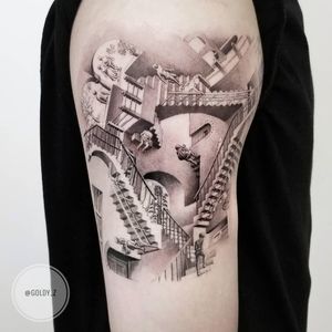 Tattoo by Zlata Kolomoyskaya #ZlataKolomoyskaya #strange #surreal #different #unique #MCescher #opticalillusion #stairwell #blackandgrey