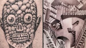 Tattoo on the left by Skeleton Jelly and tattoo on the right by Zlata aka Goldy Z #SkeletonJelly #GoldyZ #ZlataKolomoyskaya #strangetattoos #strange #surreal #different #unique