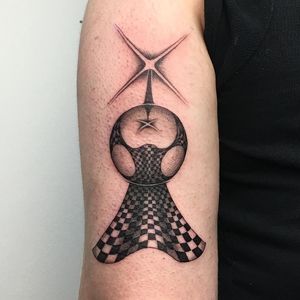 Tattoo by Carson Flowie #Carsonflowie #strange #surreal #different #unique #opticalillusion #sphere #reflection #chessboard #warped #star #blackandgrey
